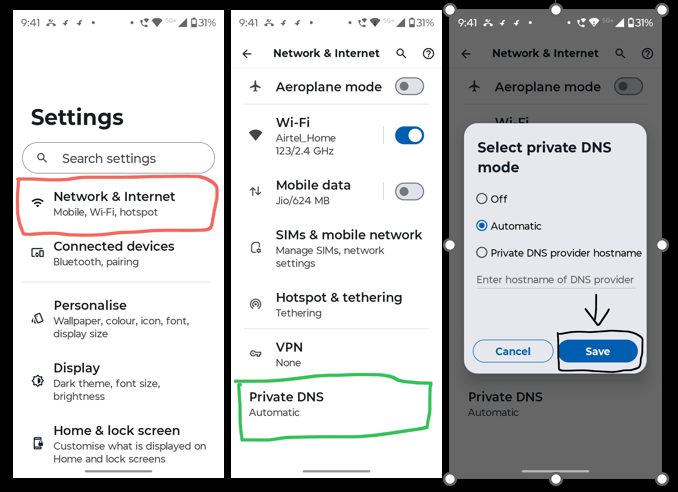 Android Private DNS settings set to Automatic