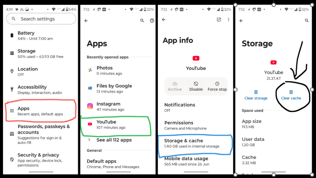 Android YouTube app storage settings showing Clear Cache option