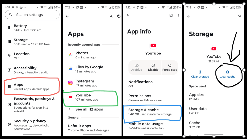 Android YouTube app storage settings showing Clear Cache option