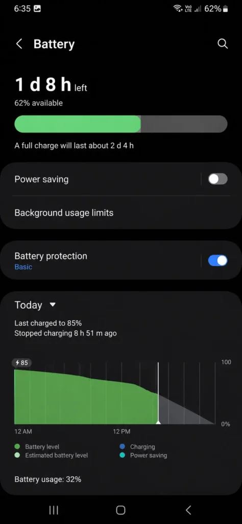 Android battery and charging settings for charging protection
