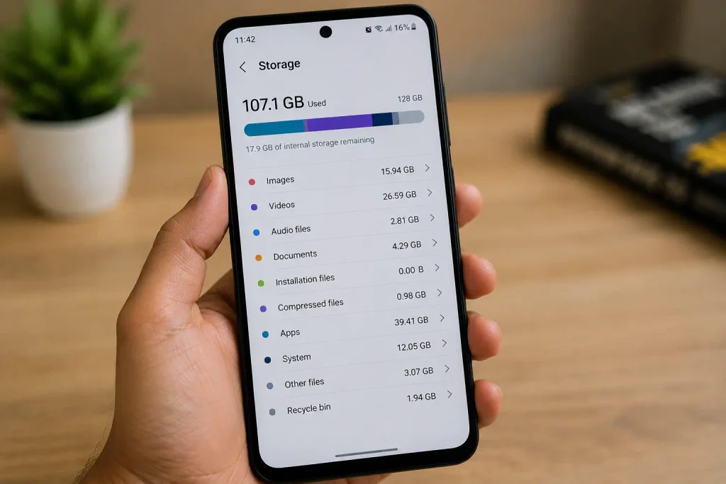 Android Storage settings showing low available space