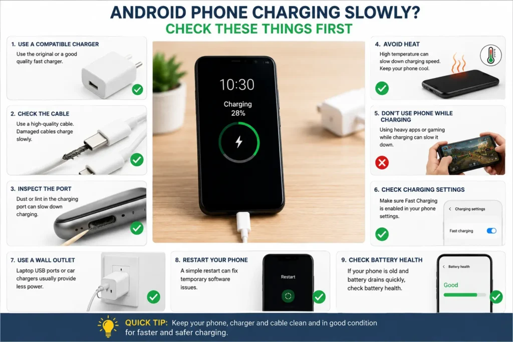 Checking an Android phone charging port and USB-C cable for slow charging