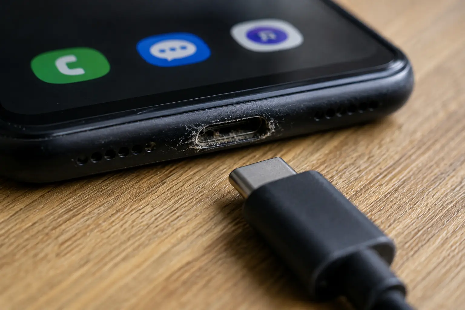 Android phone charging port with dust and lint affecting charging
