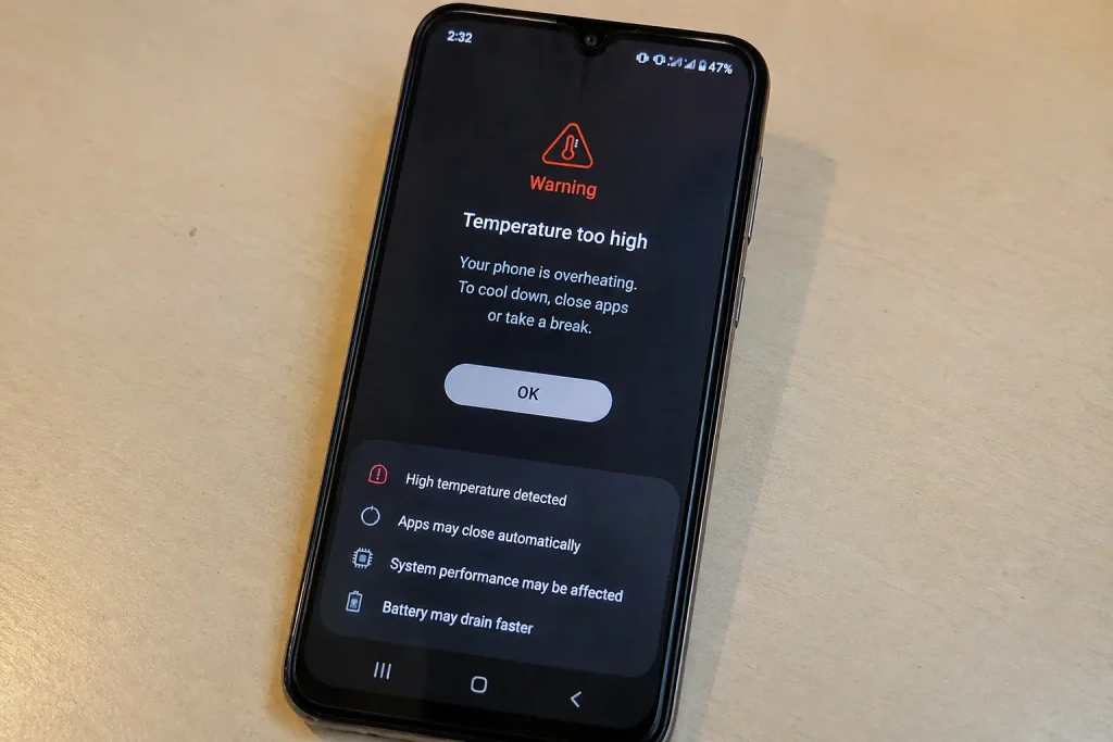 Android phone showing overheating and system warning signs related to app crashes