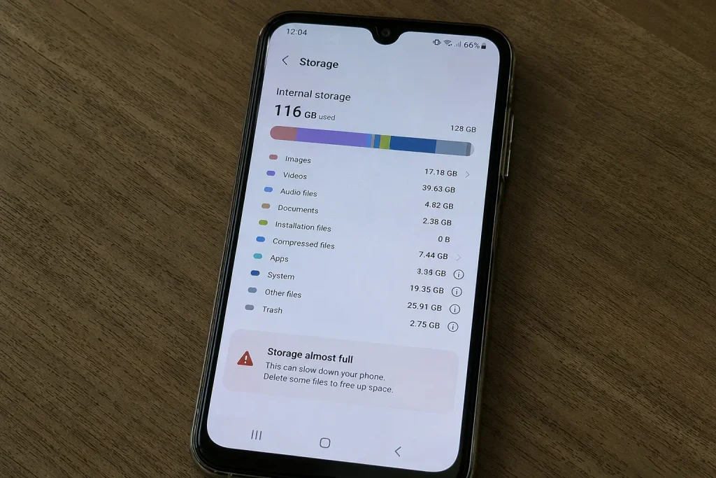 Android storage settings showing low available space that can cause apps to crash