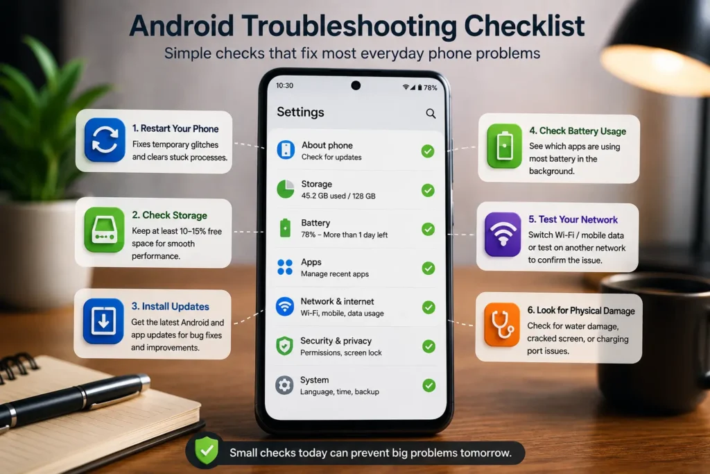 Android troubleshooting checklist for checking phone settings