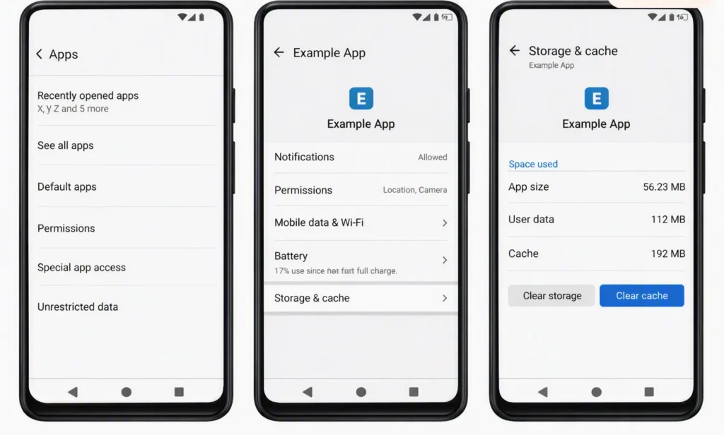 Android settings showing how to clear an app cache