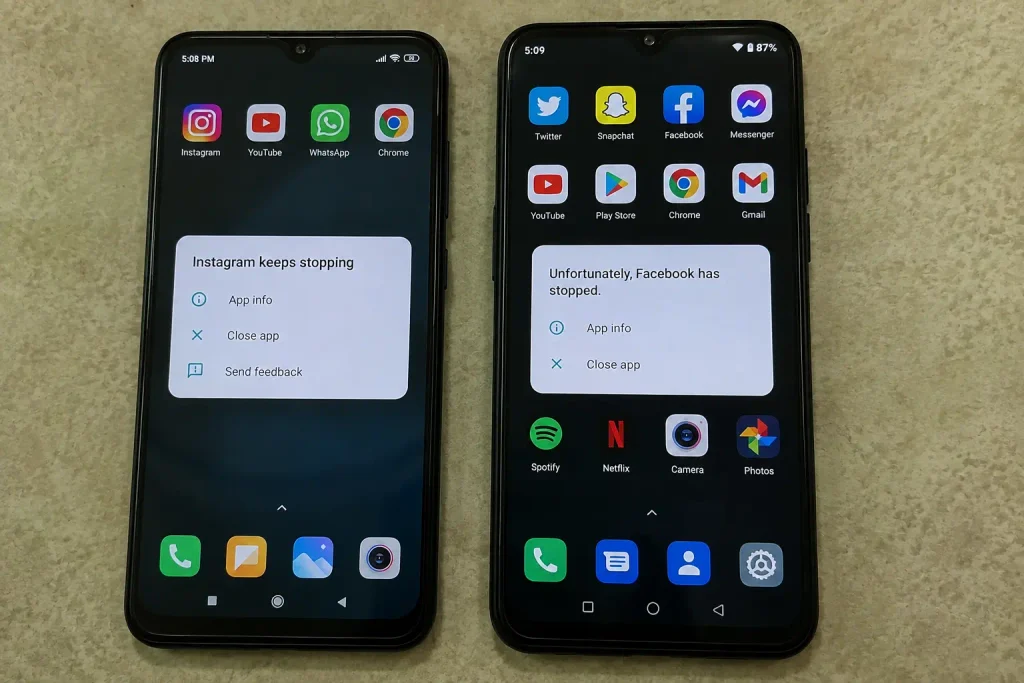 Android phone showing one app versus multiple apps crashing