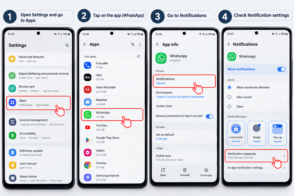 Android app notification settings for WhatsApp