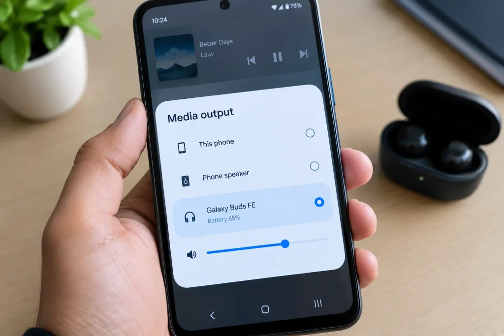 Android media output showing Bluetooth earbuds selected for audio
