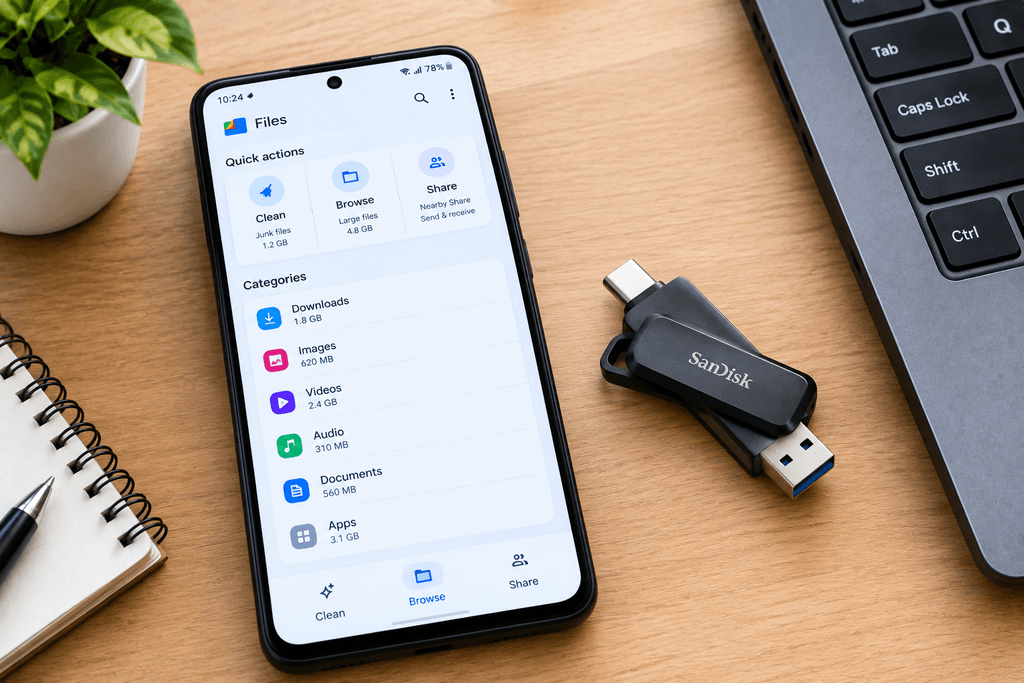 Android file manager showing large files and downloads taking up storage
