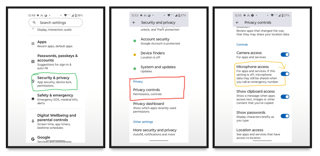Android Privacy settings showing microphone access turned on