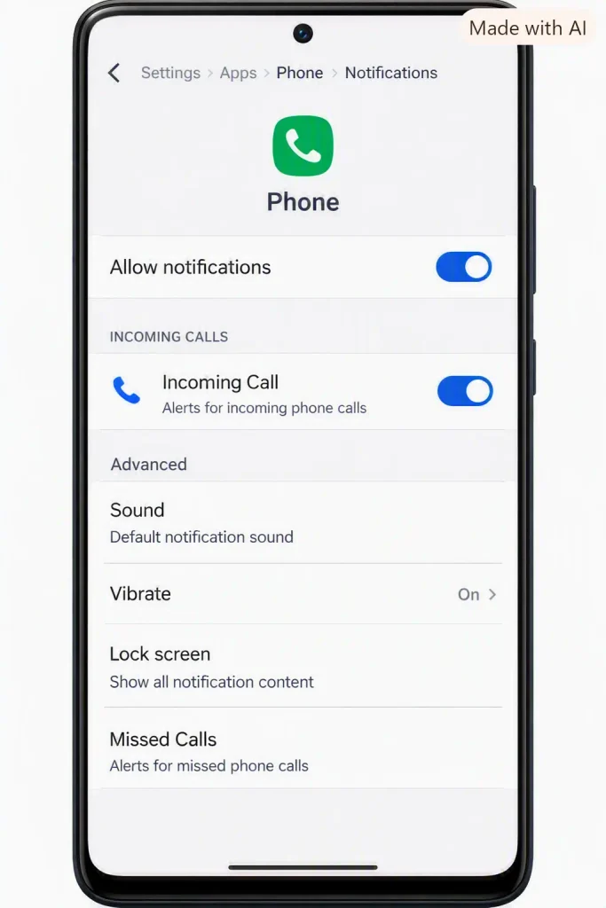 Android Phone app notification settings for incoming calls