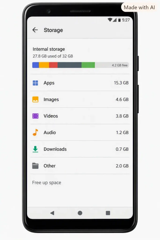 Android Storage settings showing low available storage