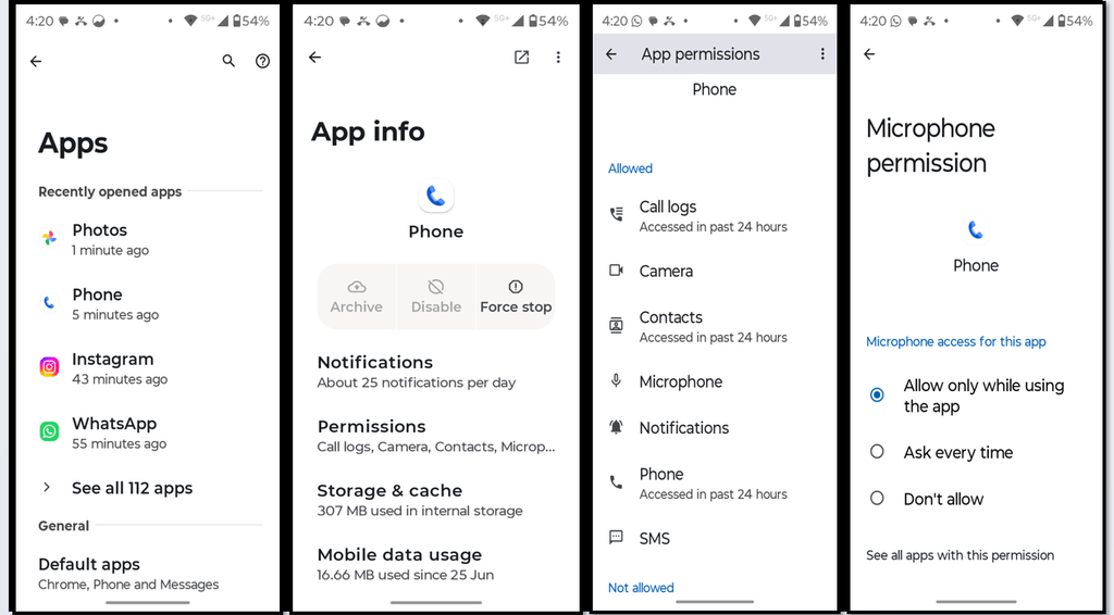 Phone app microphone permission set to Allow on Android