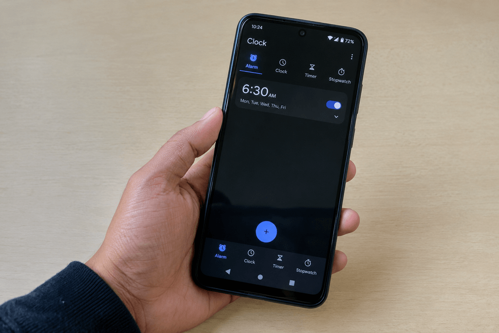 Android phone showing an active morning alarm in the Clock app