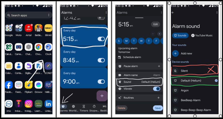 Android Clock app showing the alarm sound set to Silent